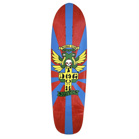 Skateboard deck with colorful design and text on a white background