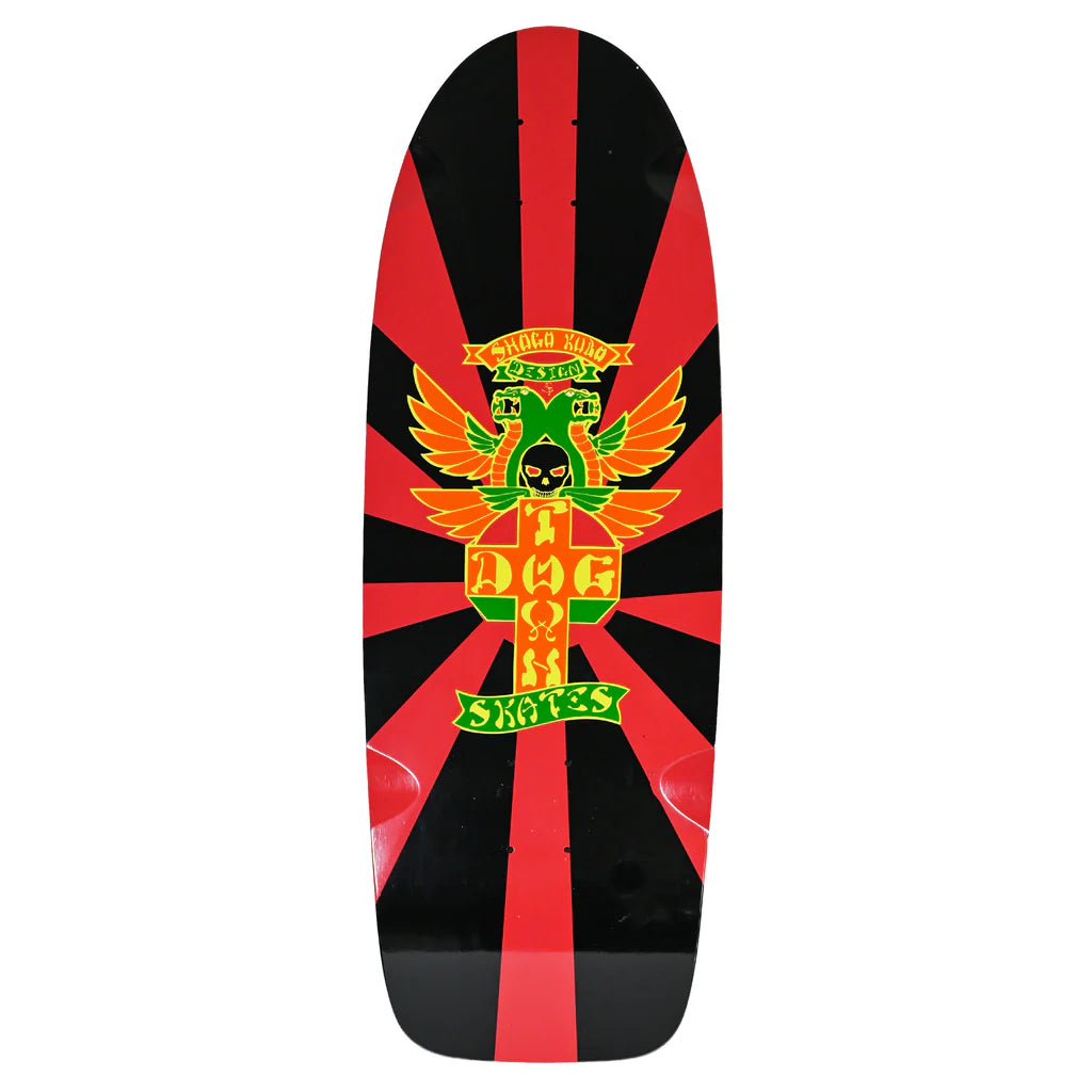 Skateboard deck with a colorful design featuring an eagle and text on a black and red striped background.