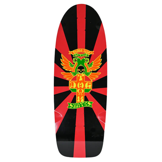 Skateboard deck with a colorful design featuring an eagle and text on a black and red striped background.