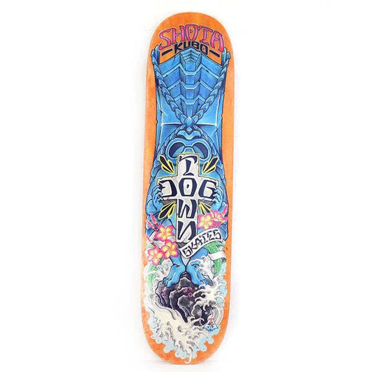 Skateboard deck with colorful design and text on a white background