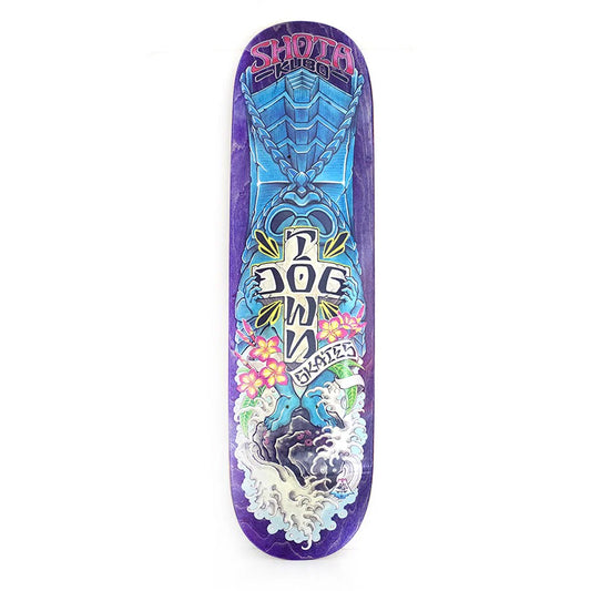 Colorful skateboard deck with intricate designs on a white background