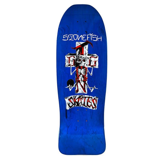A blue skateboard deck featuring a graphic of a skeleton in a red and white striped top hat, with the words 'STONEFISH' and 'SKATE'S in stylized lettering.