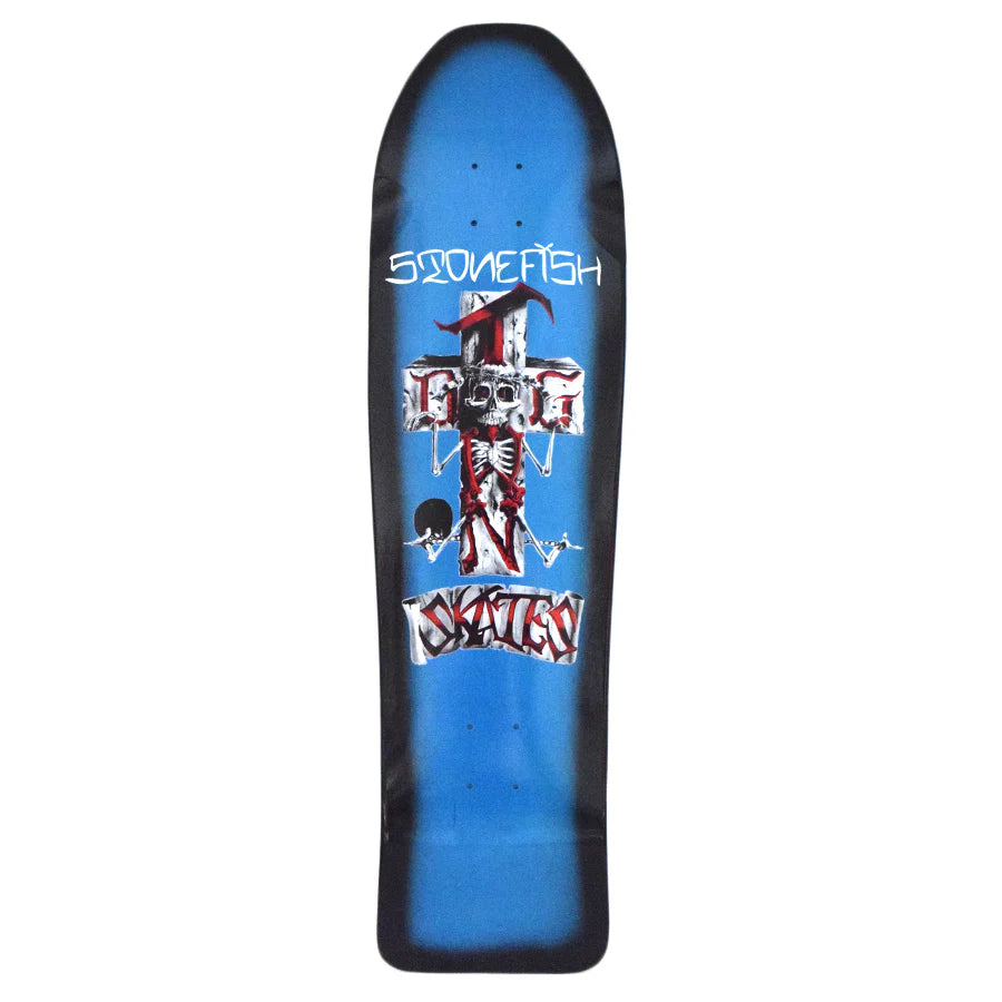 Skateboard deck with a blue background and black border featuring a skeleton design and text.