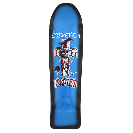 Skateboard deck with a blue background and black border featuring a skeleton design and text.