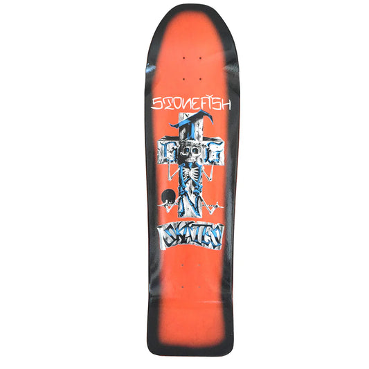 Skateboard deck with graphic design and branding on an orange background