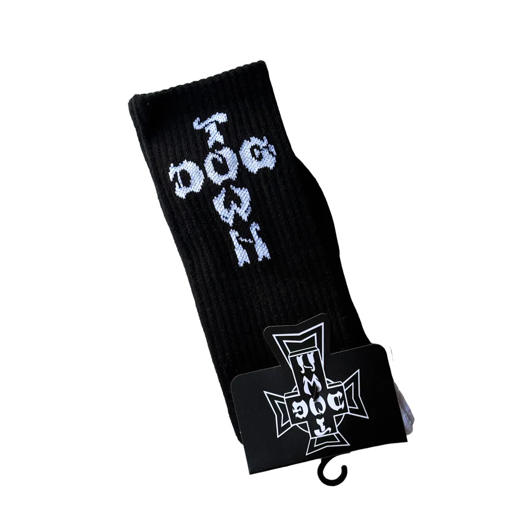 Black sock with white text and design on a white background