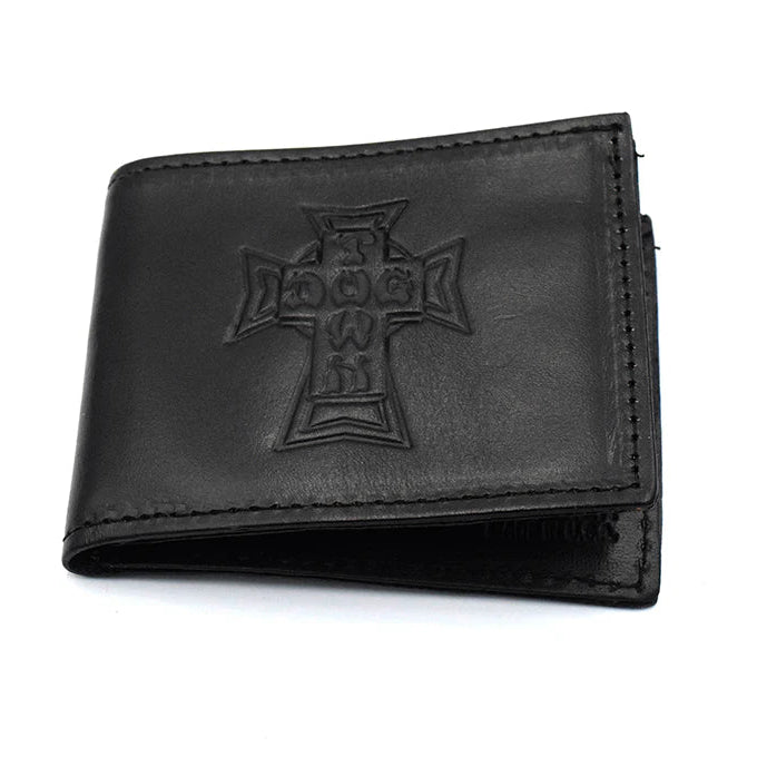 Black leather wallet with a cross design on a white background