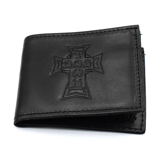 Black leather wallet with a cross design on a white background