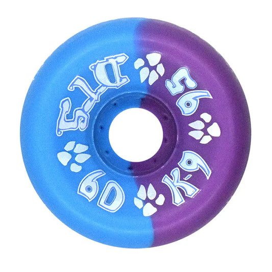 Two-tone blue and purple wheel with white text and paw prints on a white background