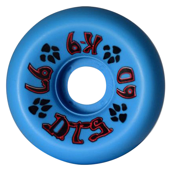 Blue skateboard wheel with red and black branding on a white background