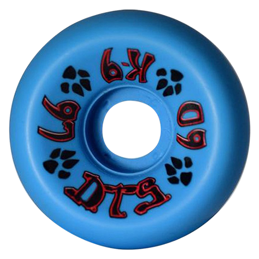 Blue skateboard wheel with red and black branding on a white background