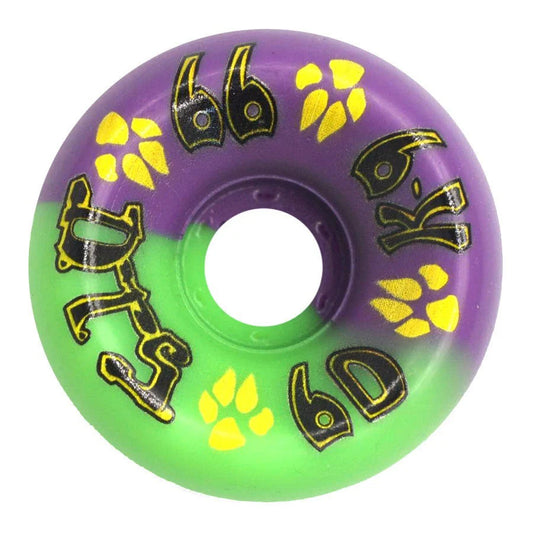 Skateboard wheel with purple and green colors, black text, and yellow paw prints on a white background
