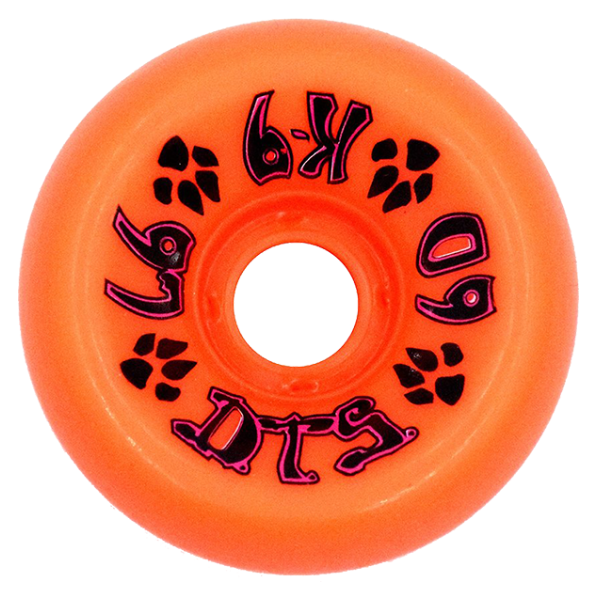 Orange skateboard wheel with black text on a white background