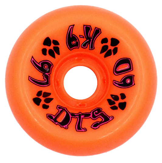 Orange skateboard wheel with black text on a white background