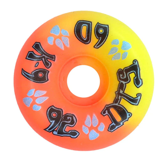 Skateboard wheel with orange and yellow gradient, black text, and paw prints on a white background