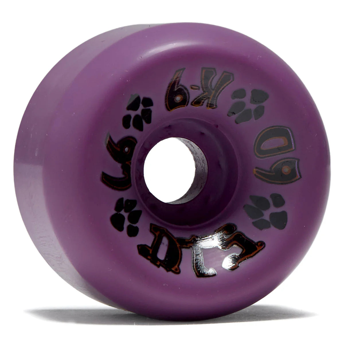 Purple skateboard wheel with brand logo on a white background