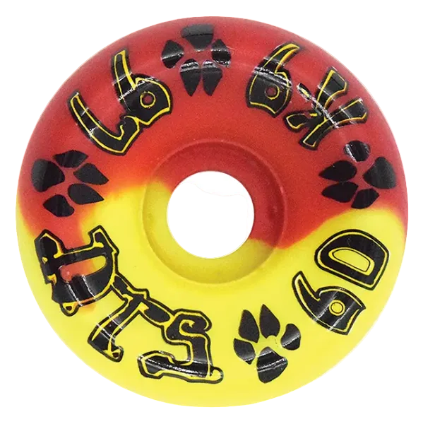 Skateboard wheel with red and yellow gradient and black paw prints on a white background
