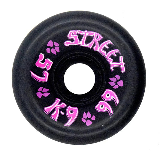 Black wheel with pink text and paw prints on a white background