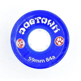 Blue skateboard wheel with 'Dogtown' branding on a white background