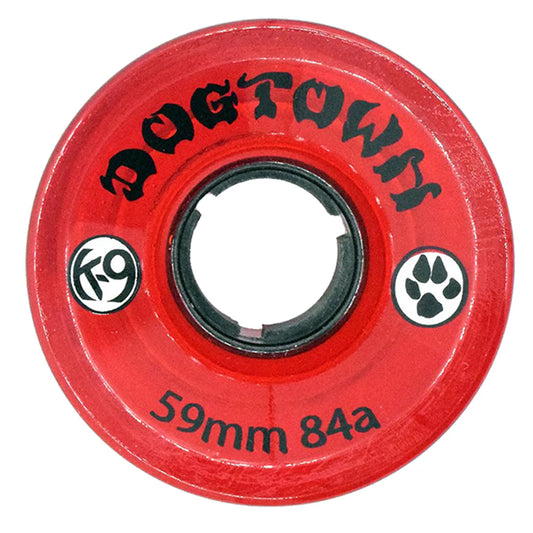 Red skateboard wheel with 'Dogtown' branding on a white background