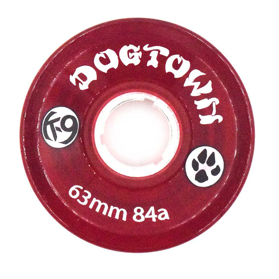 Red skateboard wheel with 'Dogtown' branding on a white background