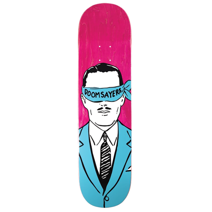 Skateboard deck with a graphic of a person wearing a suit and blindfold, set against a pink background.