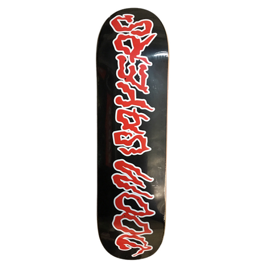 Skateboard deck with red and white design on a black background