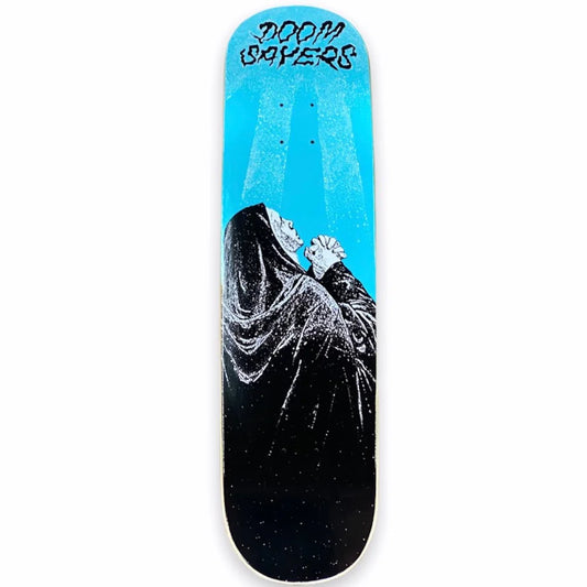 Skateboard deck with a blue top and black bottom featuring a design and 'Doom Sayers' branding.