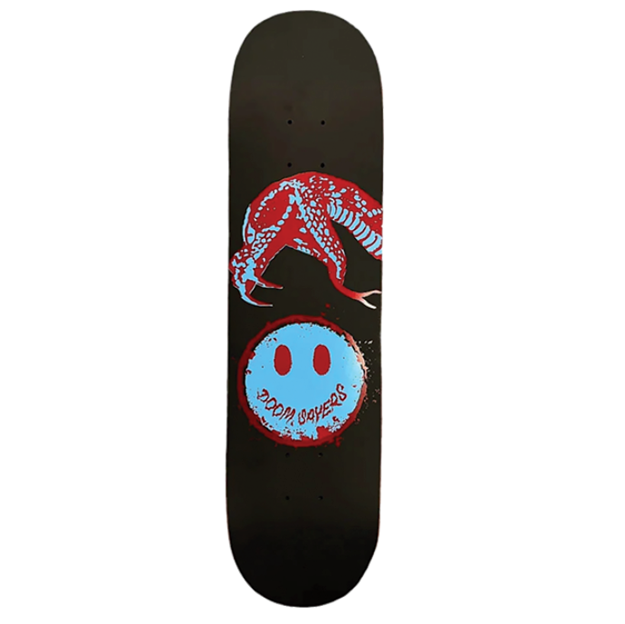 Skateboard deck with red and blue design on a white background