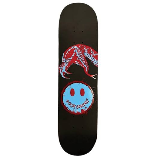 Skateboard deck with red and blue design on a white background