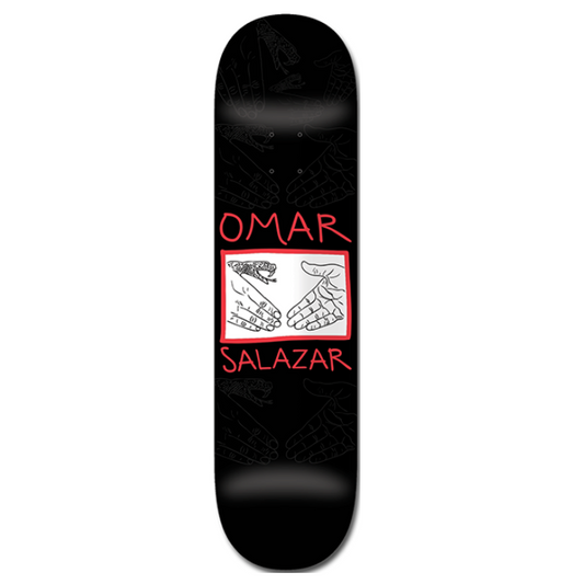 Black skateboard deck with 'Omar Salazar' design on a white background