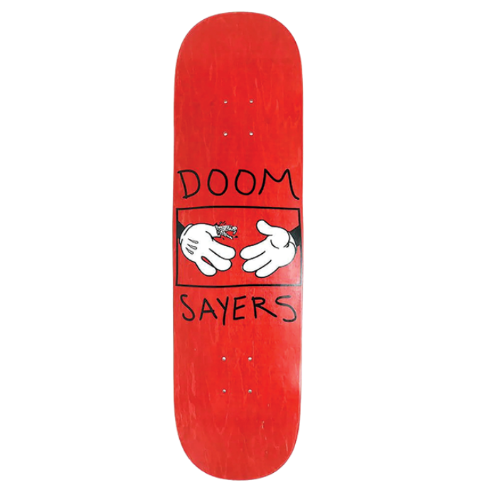 Red skateboard deck with 'Doom Sayers' logo on a white background