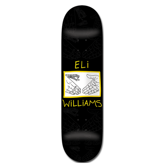 Black skateboard deck with yellow text and graphics on a white background
