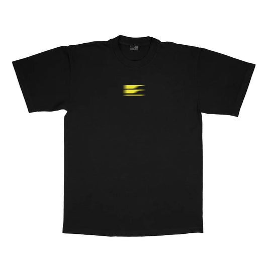 Black t-shirt with a yellow logo on a white background