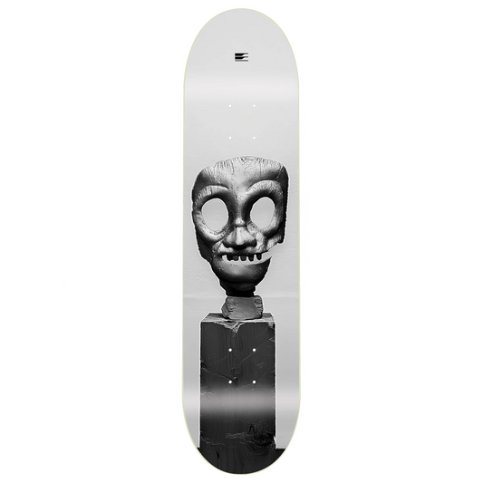 Skateboard deck with sculpture head design on a white background