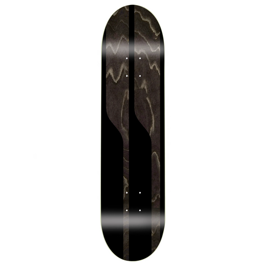 Skateboard deck with black and brown abstract design on a white background