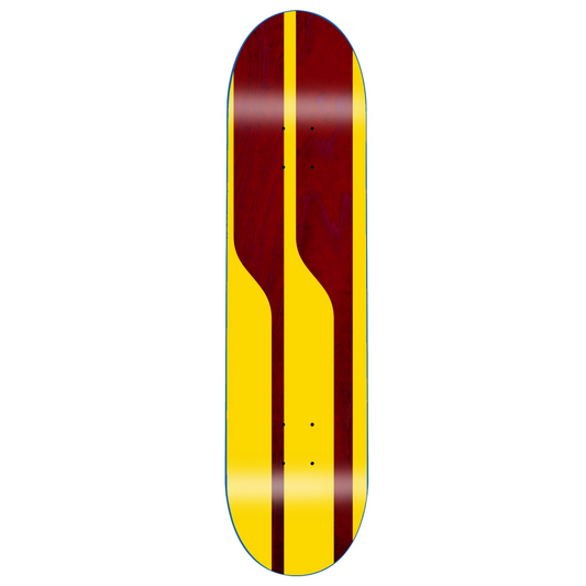 Skateboard deck with red and yellow design on a white background