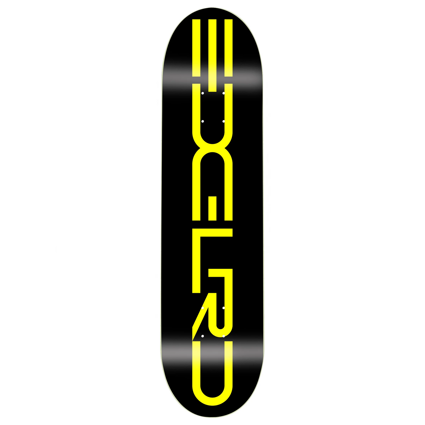 Black skateboard deck with yellow text on a white background