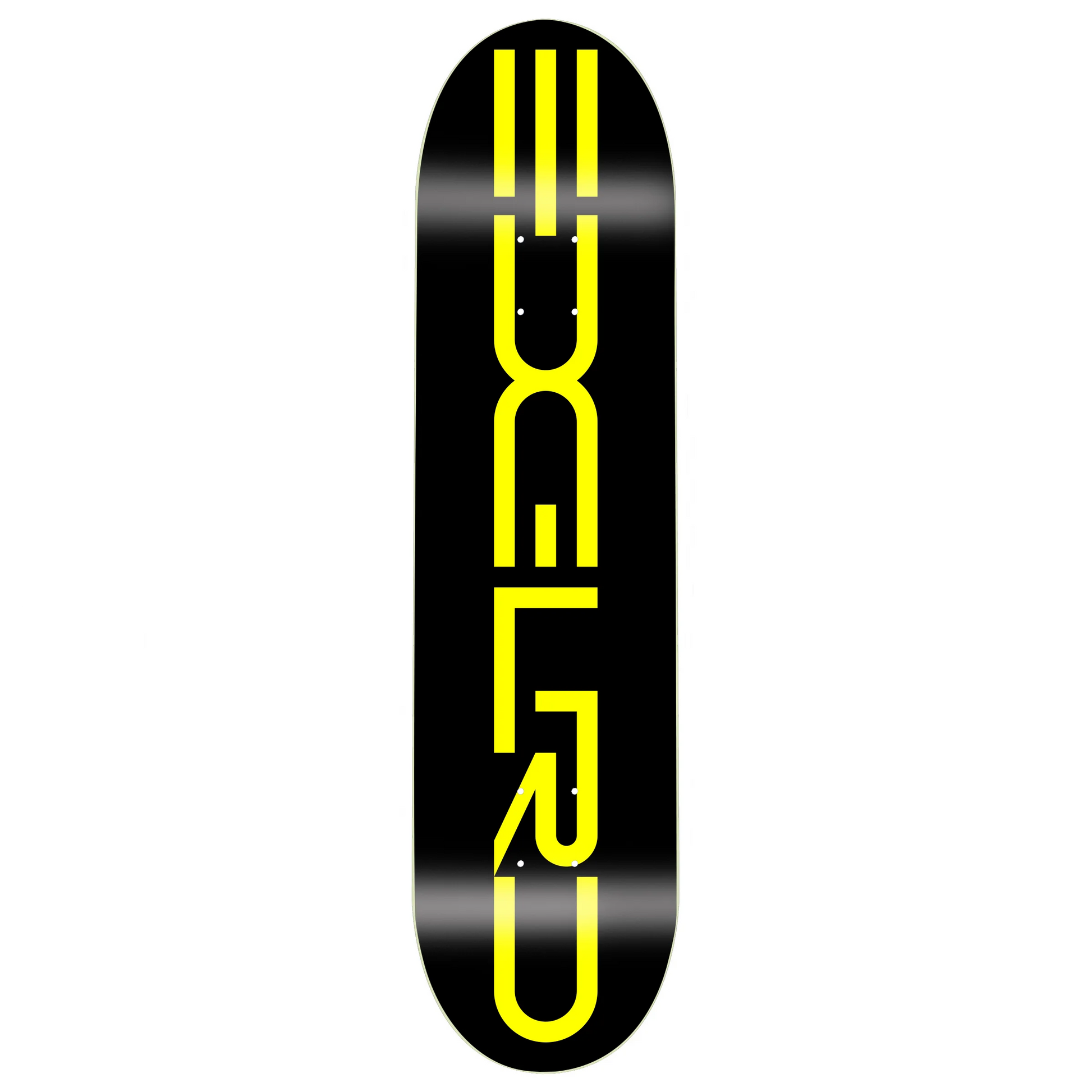 Black skateboard deck with yellow text on a white background