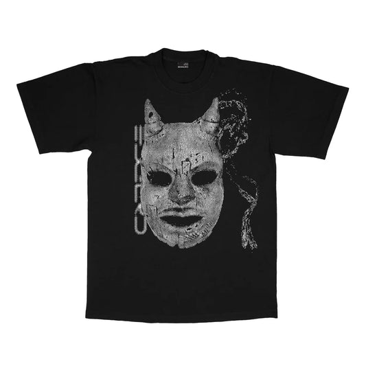Black t-shirt with a graphic design of a mask on a white background