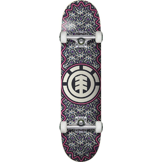 Skateboard with a patterned deck and visible brand logo on a white background