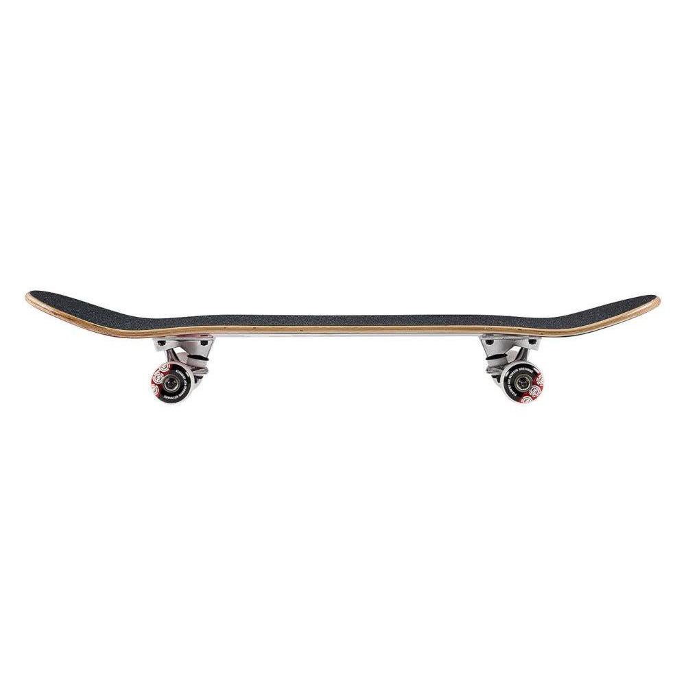 Skateboard with black deck and red trucks on a white background