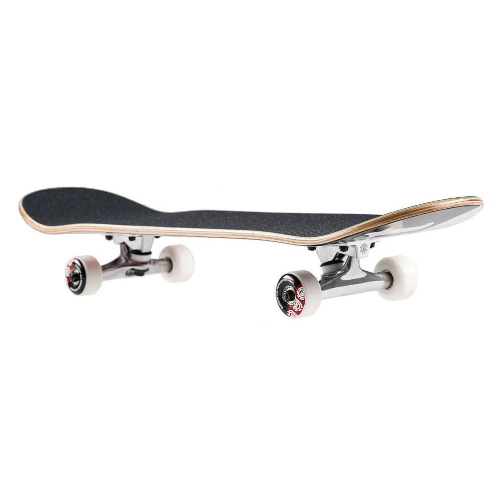 Skateboard with a black deck and white wheels on a white background