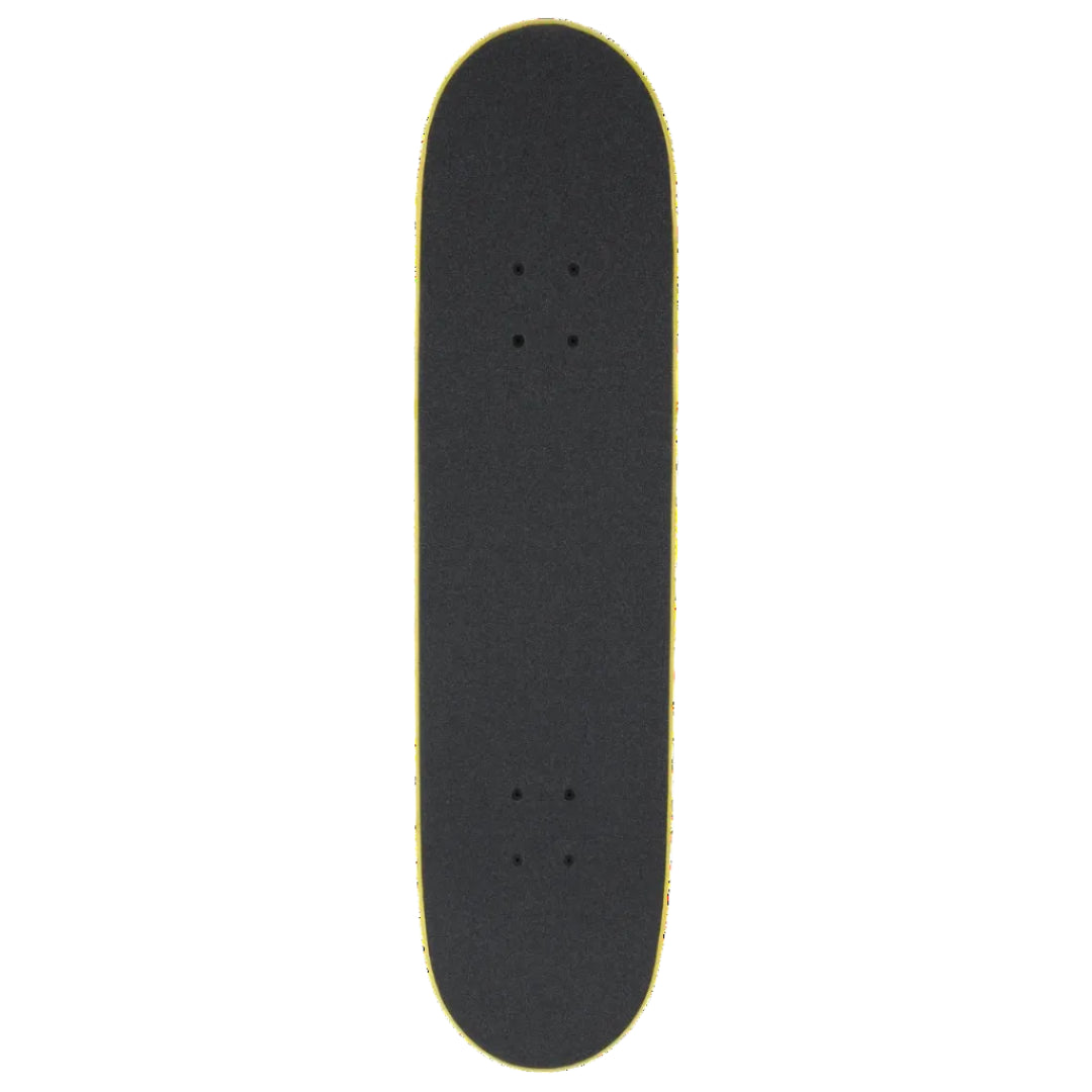 A black skateboard deck with a thin yellow edge, shown vertically against a solid white background.