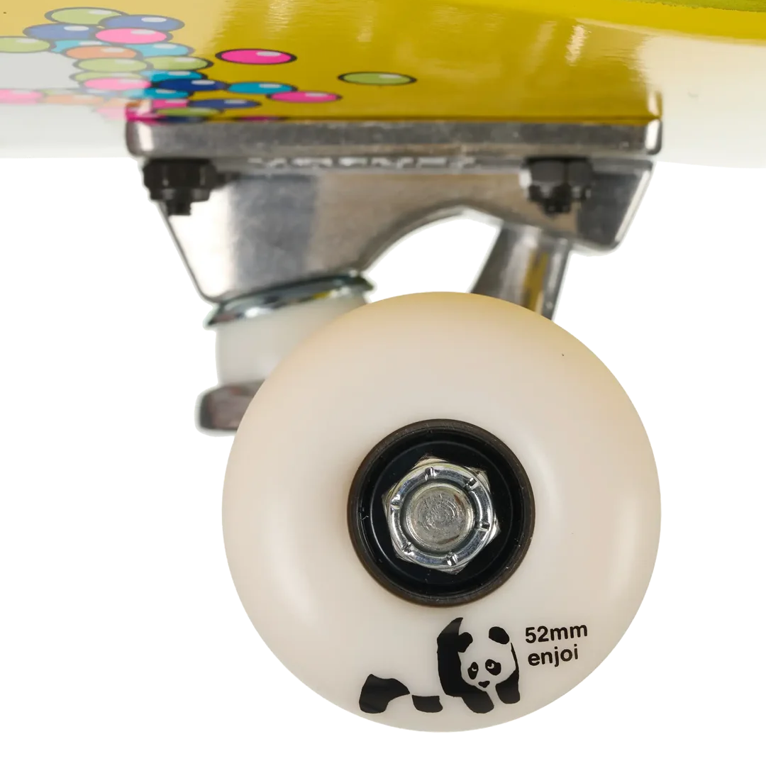 Close-up of a skateboard wheel and truck, showing a 52mm enjoi wheel with a black panda logo, mounted on a yellow deck with colorful bubble graphics.