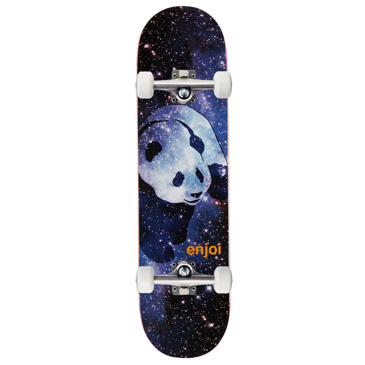A full-size skateboard with a dark galaxy-patterned deck featuring a large panda graphic and the orange 'enjoi' logo, shown on a plain white background.