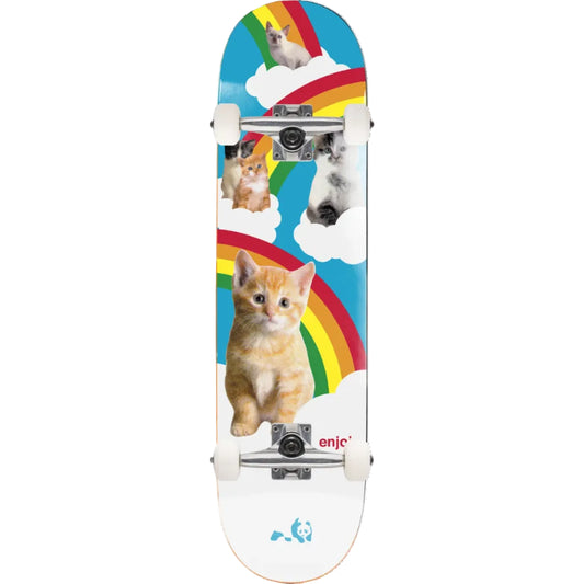 A full-size skateboard with a colorful printed deck featuring multiple kitten photos, rainbows, clouds, and a blue sky background, shown against a plain white background.