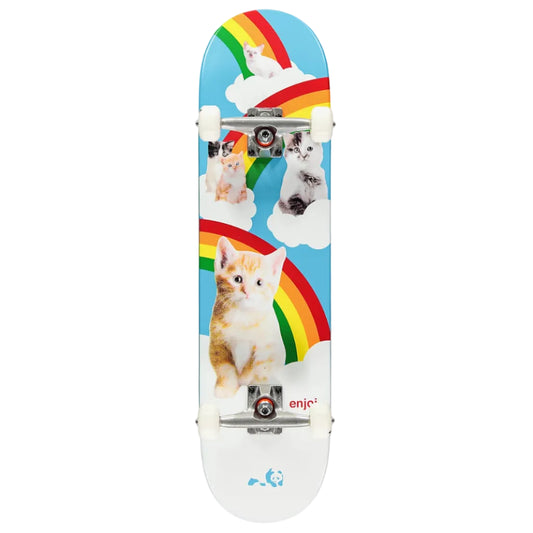Skateboard with cat and rainbow design on a white background