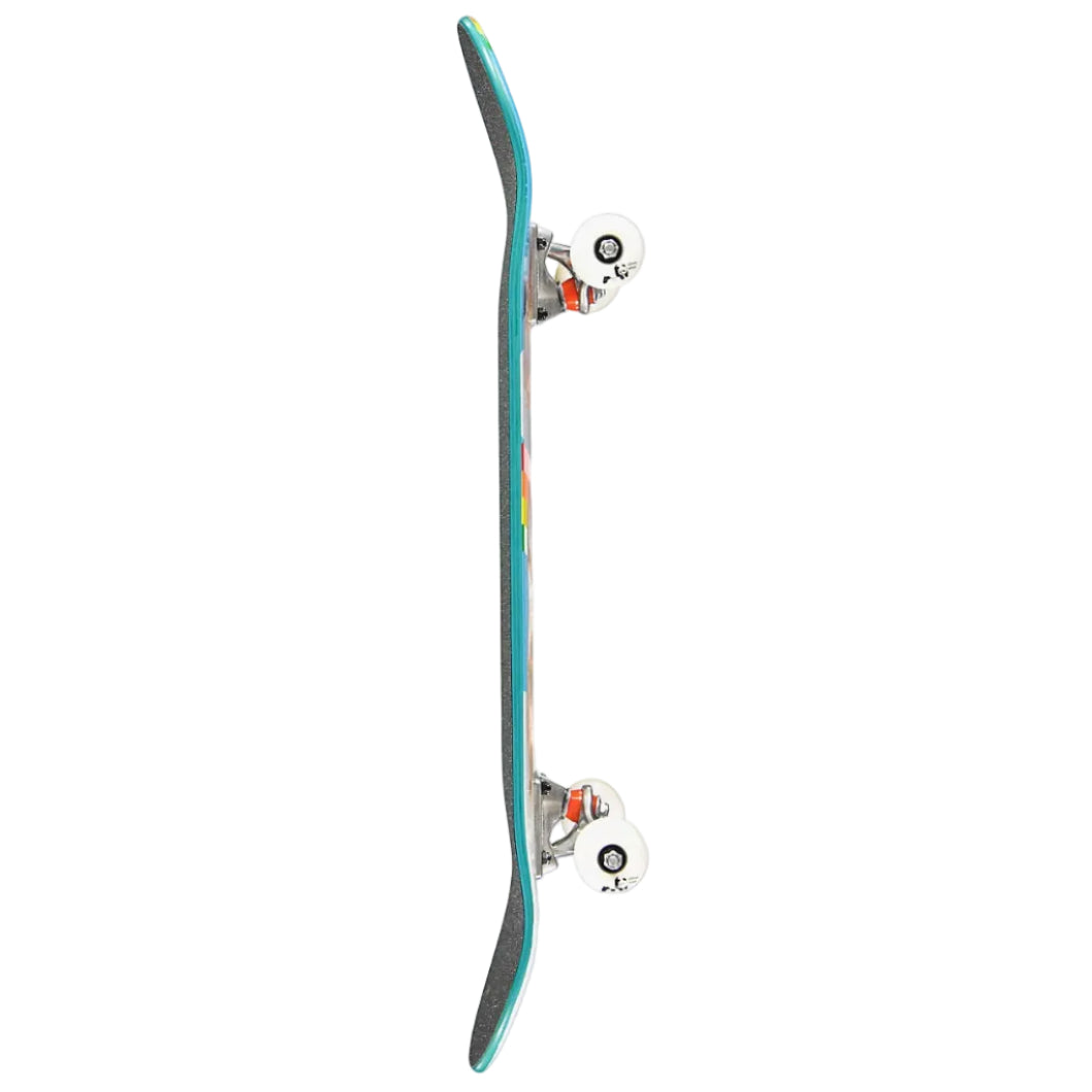 Skateboard with a colorful deck and trucks on a white background