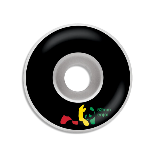 A single skateboard wheel shown from the side on a plain white background. The wheel has a glossy black outer ring, a translucent gray center, and a small logo near the bottom with red, yellow, green, and white text reading '52mm enjoi'.